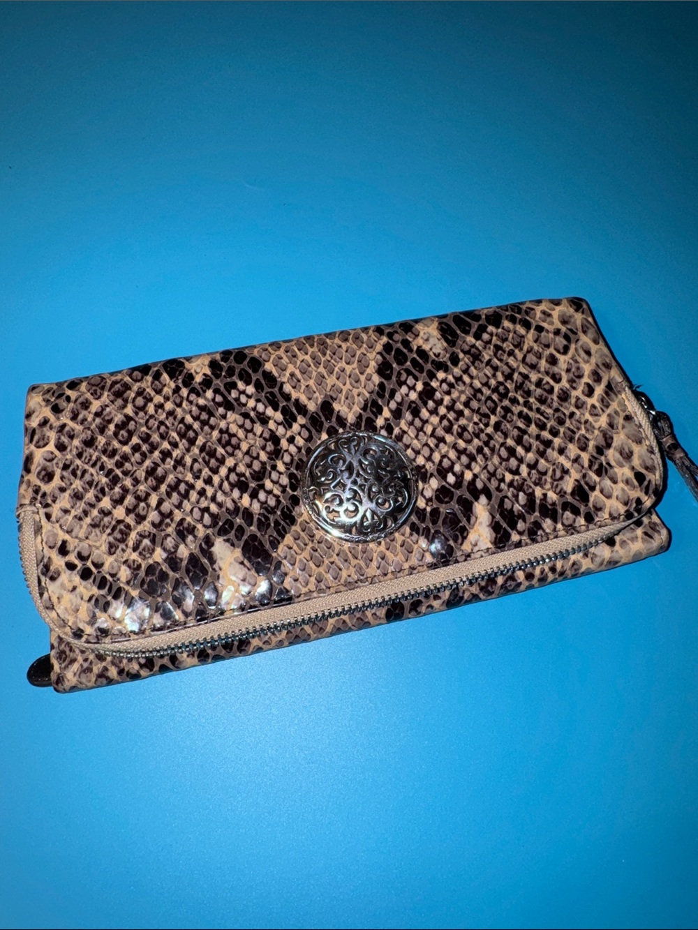 Brighton Genuine Leather snakeskin Embossed Wallet Clutch in Brown and Tan New